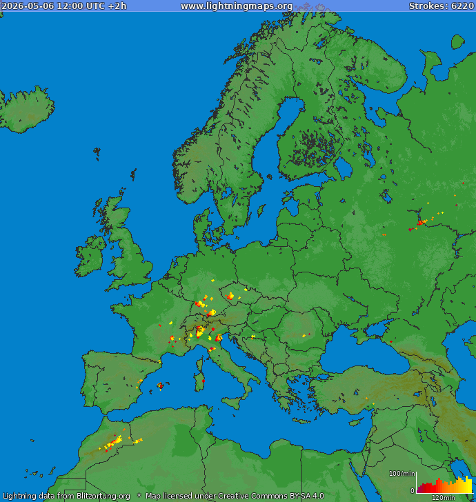 Lightning map Europe 2026-05-06 (Animation)