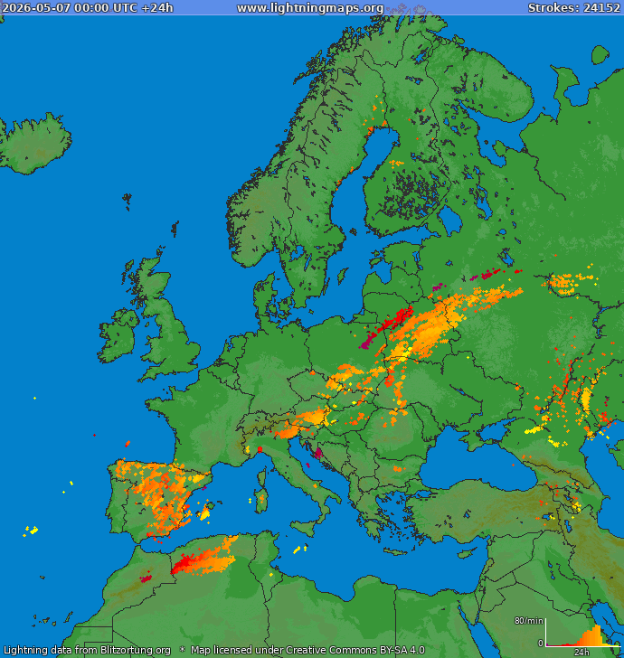 Mapa bleskov Európa 07.05.2026
