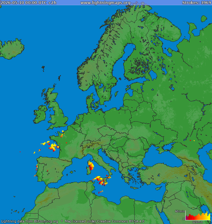 Bliksem kaart Europa 10.05.2026 (Animatie)