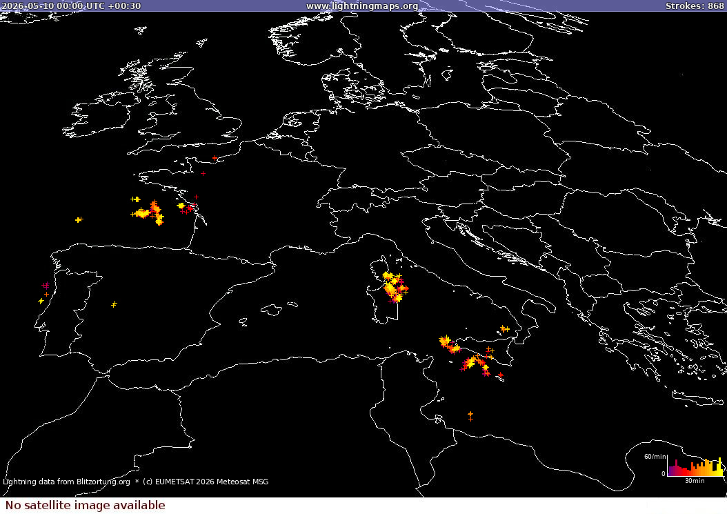 Lightning map Sat: Europe Clouds + Rain 2026-05-10 (Animation)