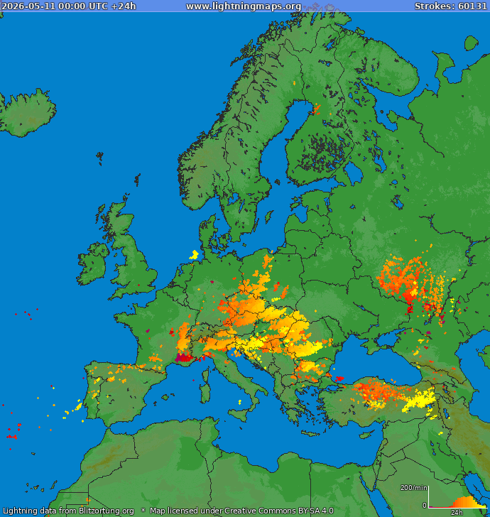 Lightning map Europe 2026-05-11