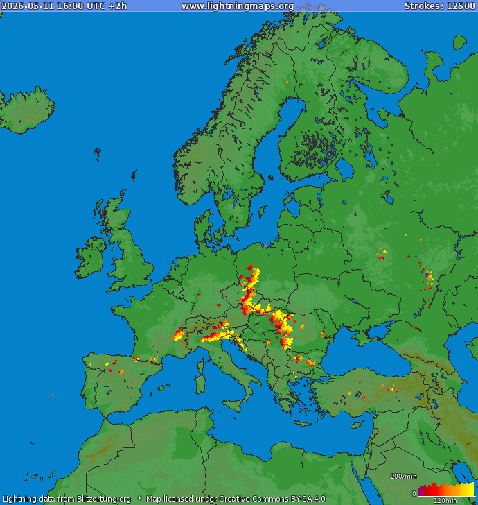 Mapa bleskov Európa 11.05.2026 (Animácia)