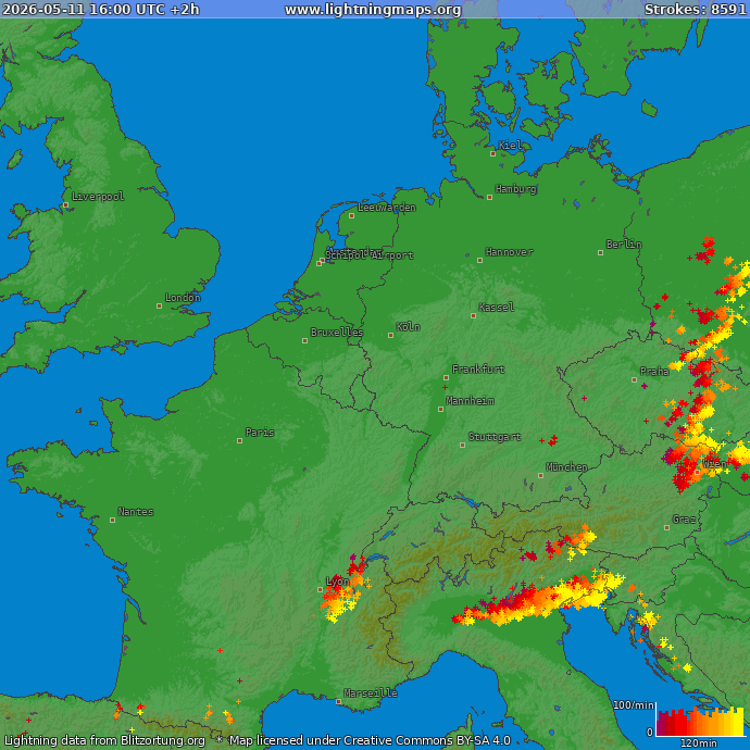 Carte de la foudre Europe de l'Ouest 11/05/2026 (Animation)