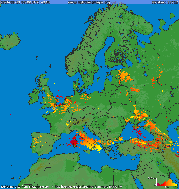 Mapa blesků Evropa 13.05.2026