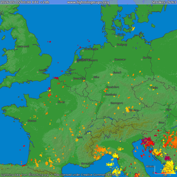 Lightning map Western Europe 2026-05-15