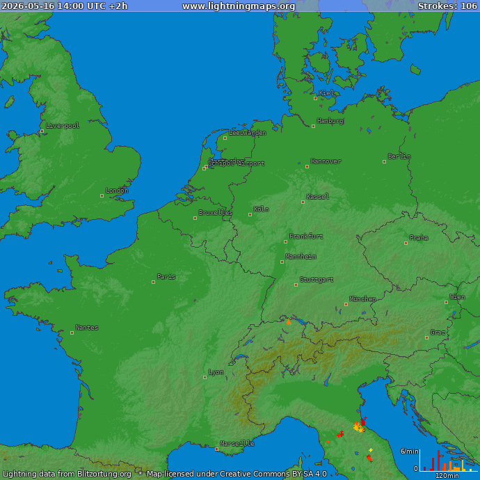 Lightning map Western Europe 2026-05-16 (Animation)