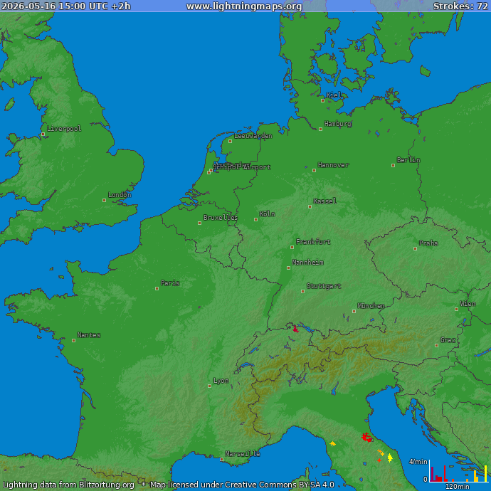 Lightning map Western Europe 2026-05-16 (Animation)