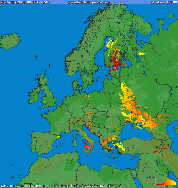 Lightning map Europe 2026-05-19