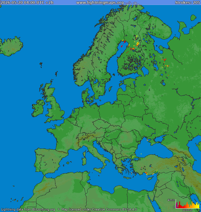 Mapa wyładowań Europa 2026-05-20 (Animacja)