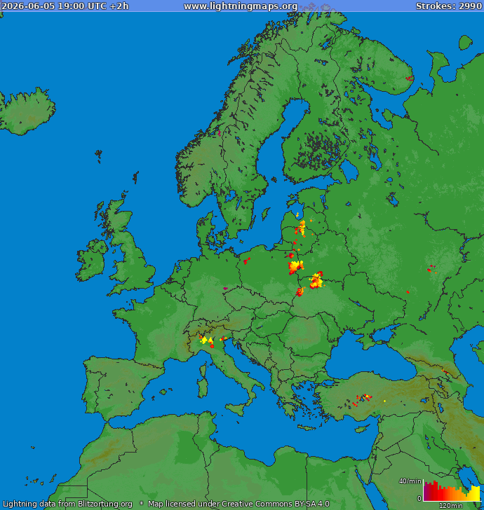 Mapa blesků Evropa 05.06.2026 (Animace)