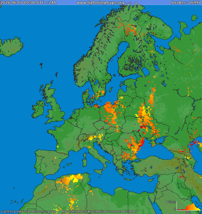 Lightning map Europe 2026-06-07