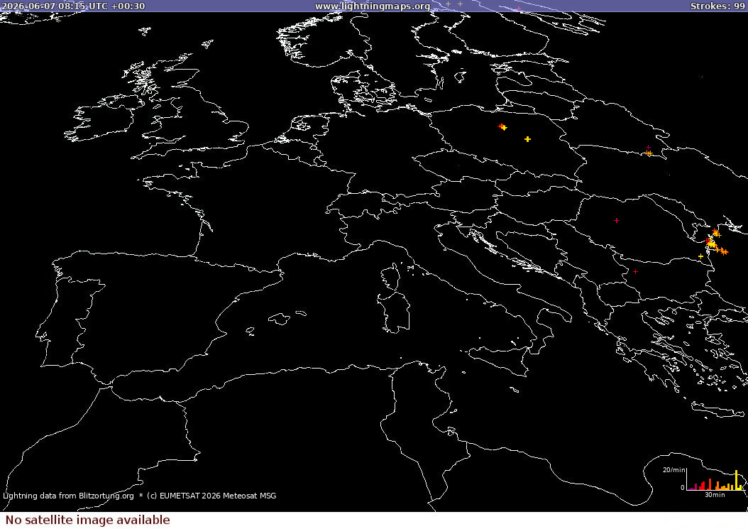 Mapa bleskov Sat: Europe Clouds + Rain 07.06.2026 (Animácia)