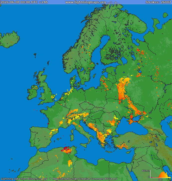 Lightning map Europe 2026-06-08