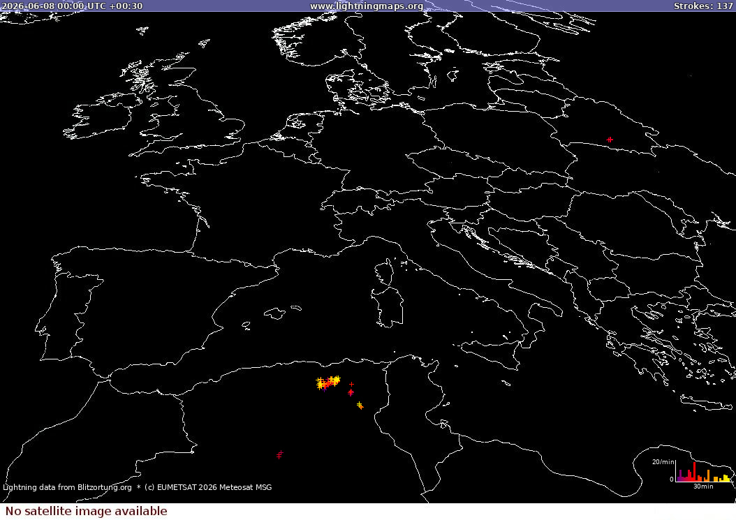 Карта блискавок Sat: Europe Clouds + Rain 08.06.2026 (Анімація)