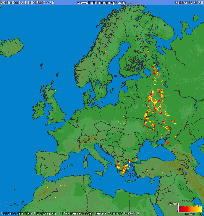 Mapa wyładowań Europa 2026-06-12 (Animacja)