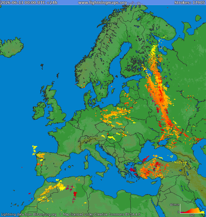 Mapa blesků Evropa 13.06.2026