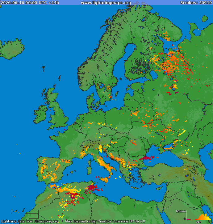 Mapa bleskov Európa 16.06.2026