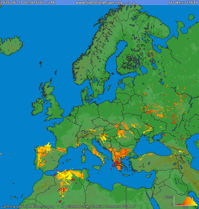 Lightning map Europe 2026-06-17