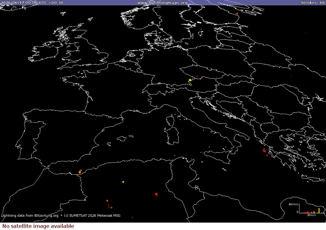 Mappa dei fulmini Sat: Europe Clouds + Rain 17.06.2026 (Animazione)