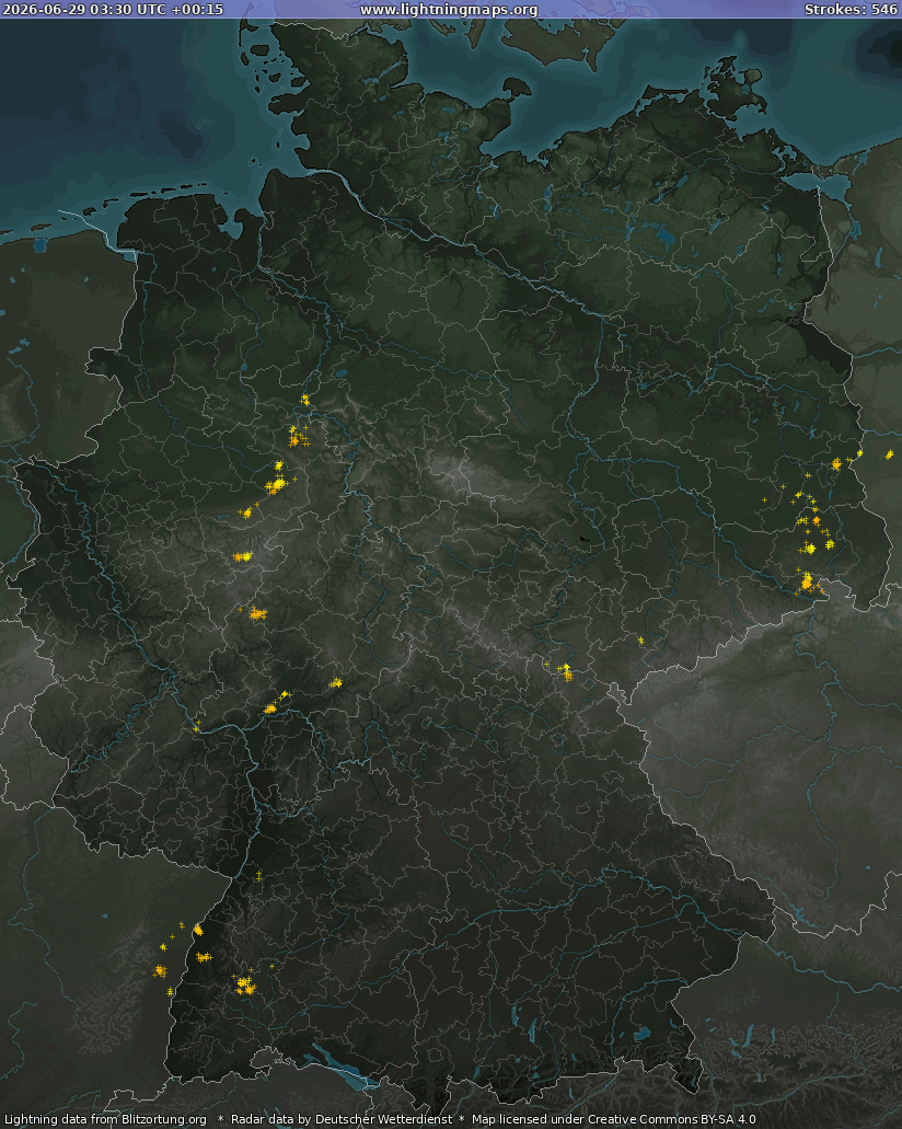 Mapa bleskov Germany Radar 29.06.2026 (Animácia)