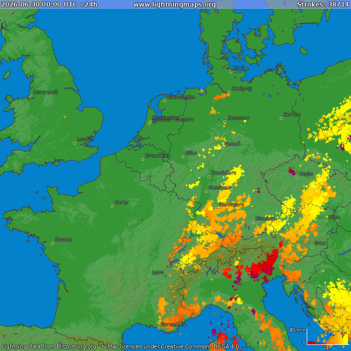 Lightning map Western Europe 2026-06-30