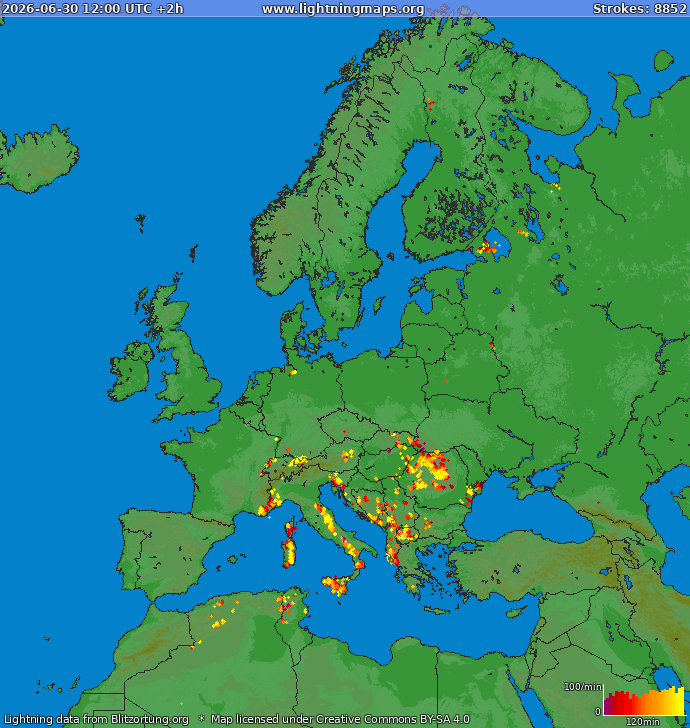 Lightning map Europe 2026-06-30 (Animation)