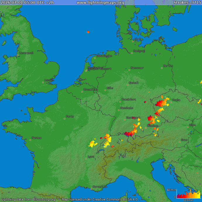 Lightning map Western Europe 2026-07-01 (Animation)