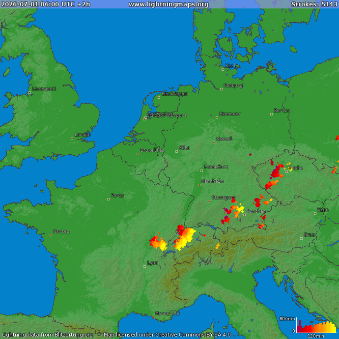 Lightning map Western Europe 2026-07-01 (Animation)