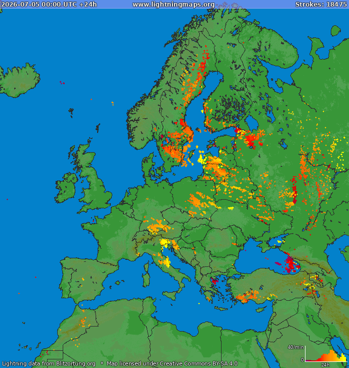 Lightning map Europe 2026-07-05