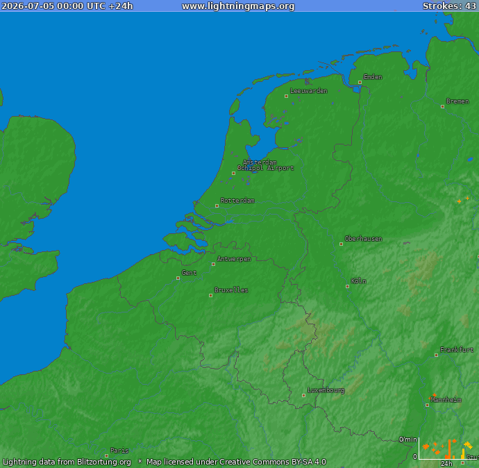 Lightning map Benelux 2026-07-05