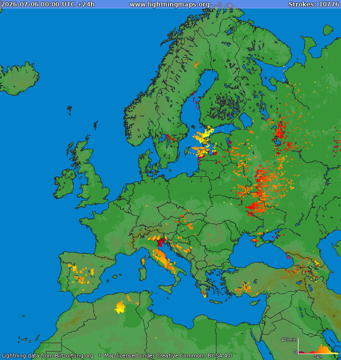 Lightning map Europe 2026-07-06