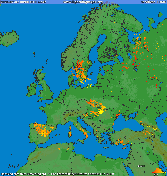 Lightning map Europe 2026-07-07