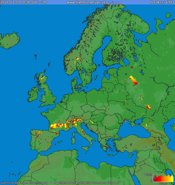 Mapa bleskov Európa 10.07.2026 (Animácia)