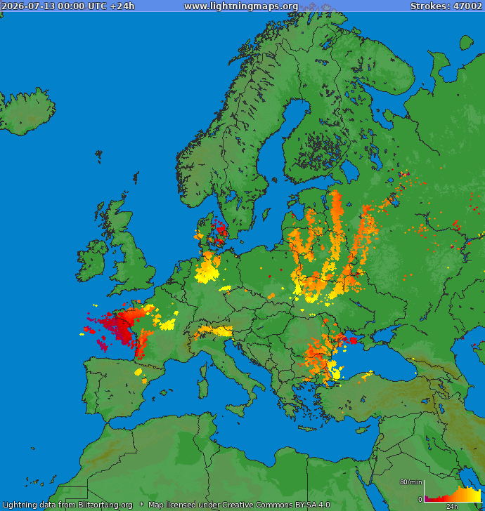 Lightning map Europe 2026-07-13