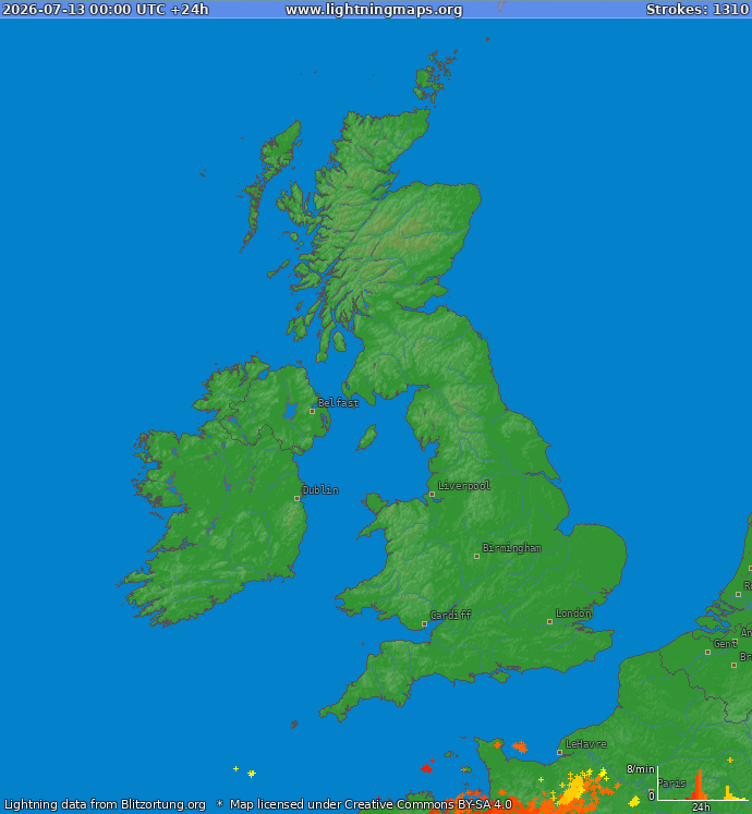 Lightning map United Kingdom 2026-07-13