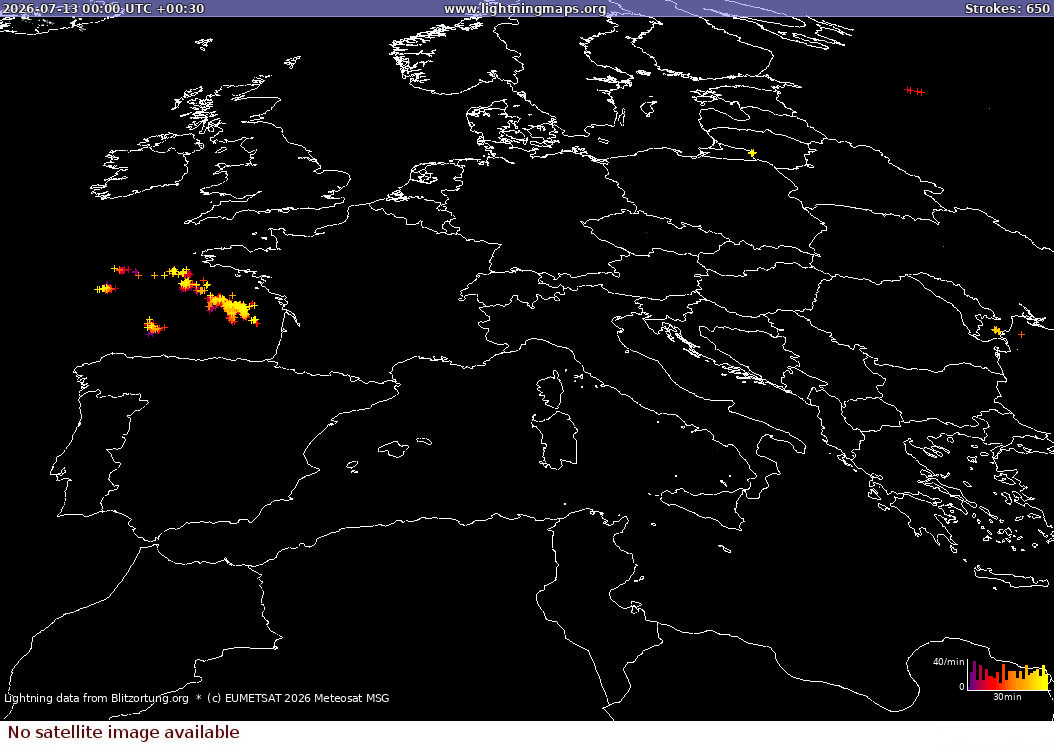 Карта блискавок Sat: Europe Clouds + Rain 13.07.2026 (Анімація)