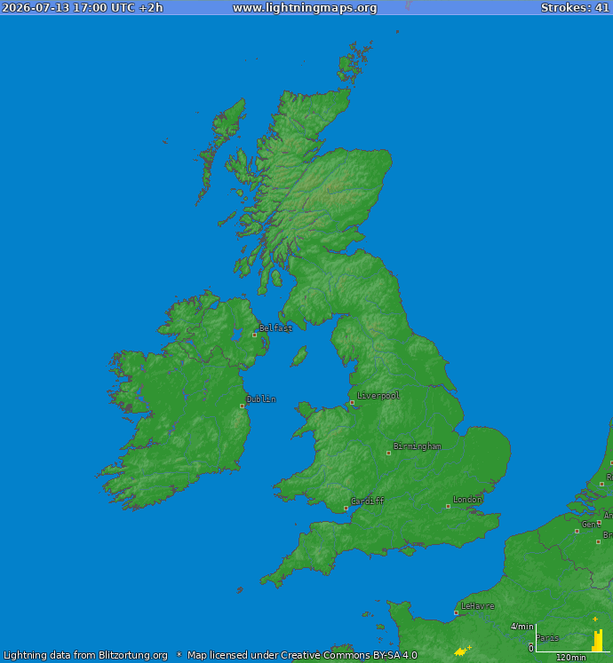 Lightning map United Kingdom 2026-07-13 (Animation)