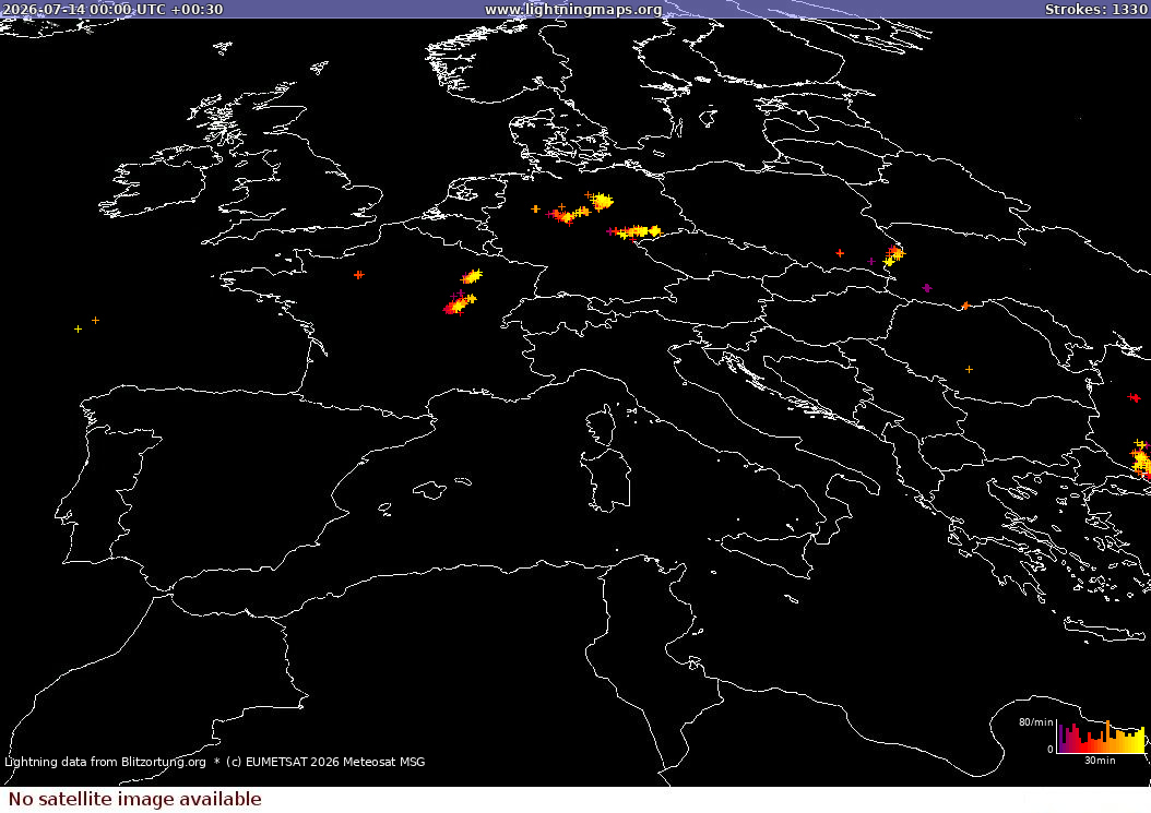 Mappa dei fulmini Sat: Europe Clouds + Rain 14.07.2026 (Animazione)