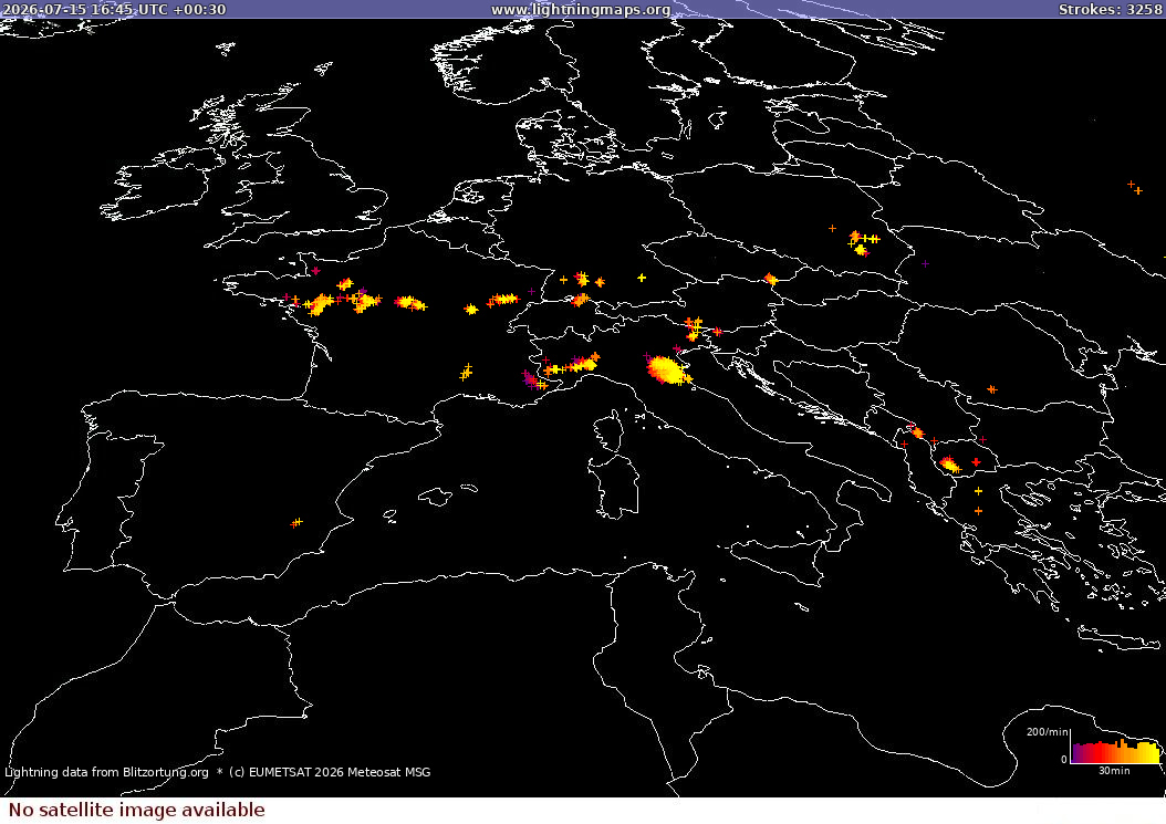 Mapa blesků Sat: Europe Clouds + Rain 15.07.2026 (Animace)