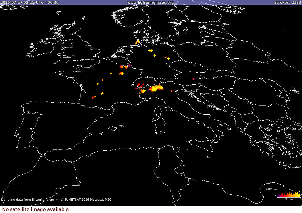 Carte de la foudre Sat: Europe Clouds + Rain 17/07/2026 (Animation)
