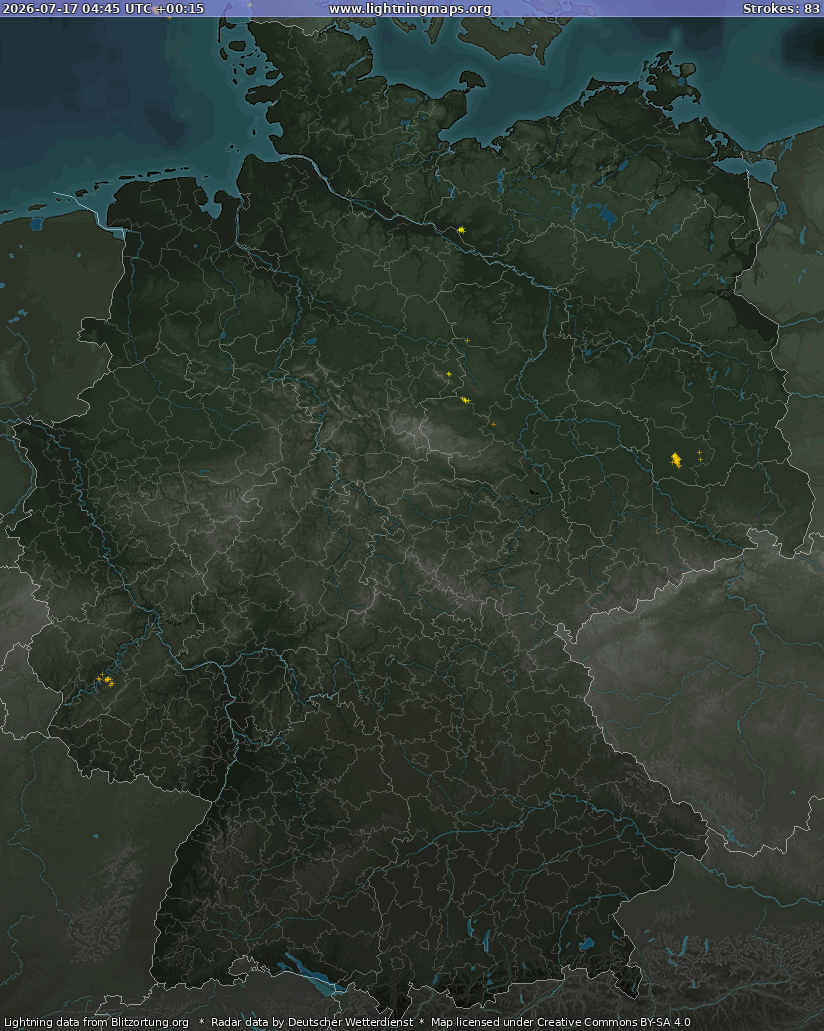 Mapa bleskov Germany Radar 17.07.2026 (Animácia)