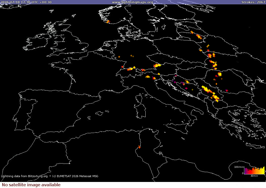 Mapa wyładowań Sat: Europe Clouds + Rain 2026-07-18 (Animacja)