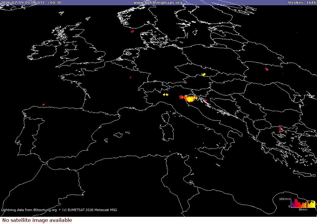 Mappa dei fulmini Sat: Europe Clouds + Rain 19.07.2026 (Animazione)