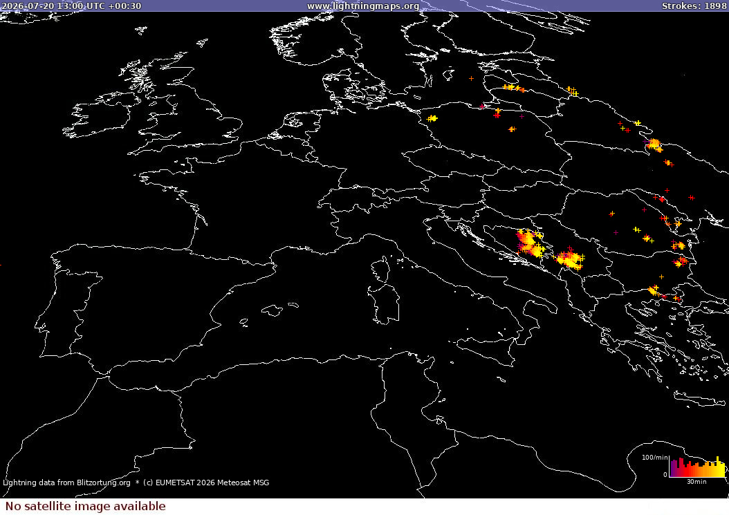 Mapa wyładowań Sat: Europe Clouds + Rain 2026-07-20 (Animacja)