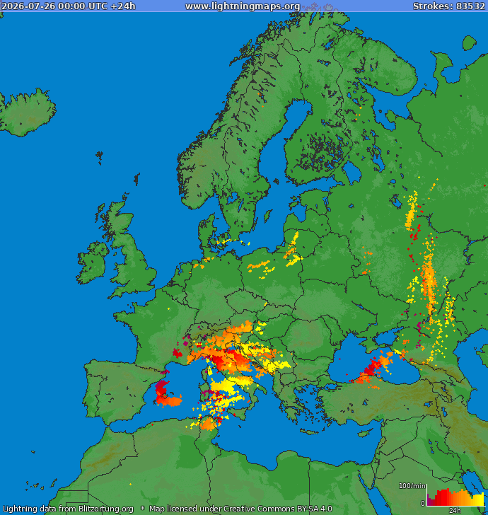 Lightning map Europe 2026-07-26