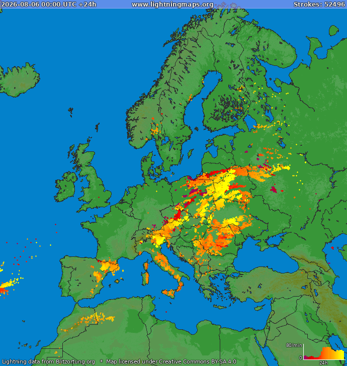 Mappa dei fulmini Europa 06.08.2026