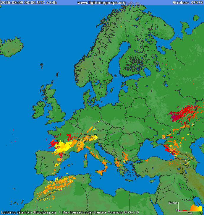 Lightning map Europe 2026-08-09