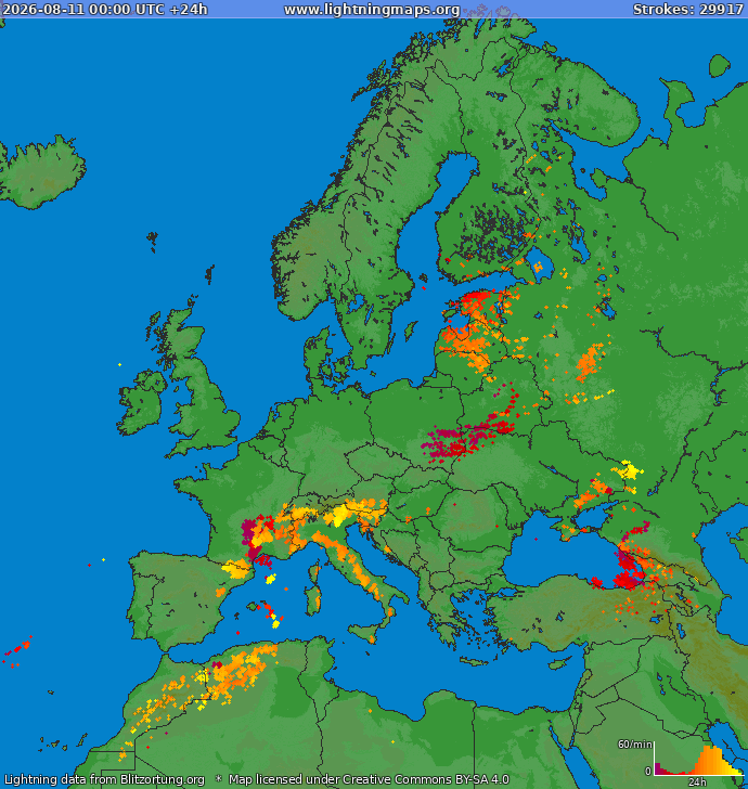Zibens karte Europa 2026.08.11