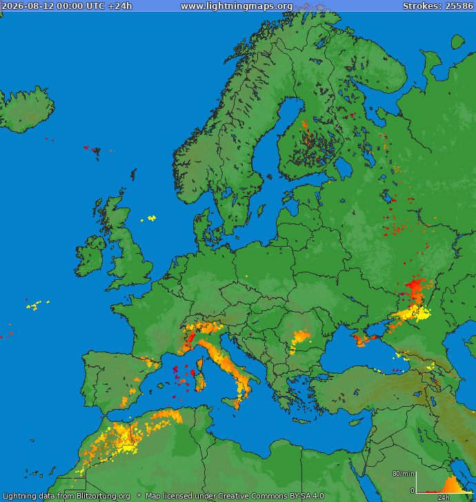 Lightning map Europe 2026-08-12