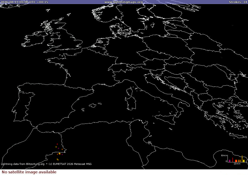 Lightning map Sat: Europe Clouds + Rain 2026-08-13